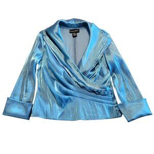 Cachet Blouse Women Sz 10 Teal Formal Faux Wrap‎ Satin Chiffon Chic Cocktail Top